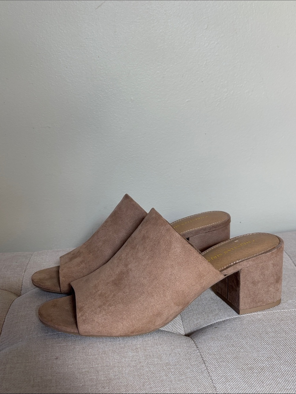 Christian Siriano Tan Suede Open-Toe Block Heel Mules